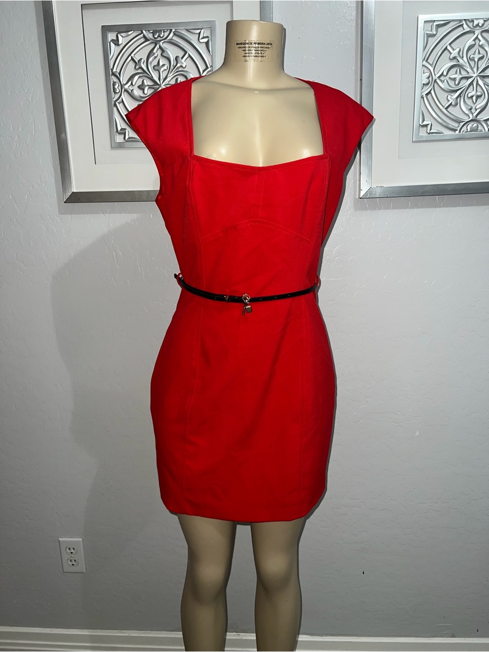 Forever 21 Red Square-Neck Mini Dress with Black Belt Accent